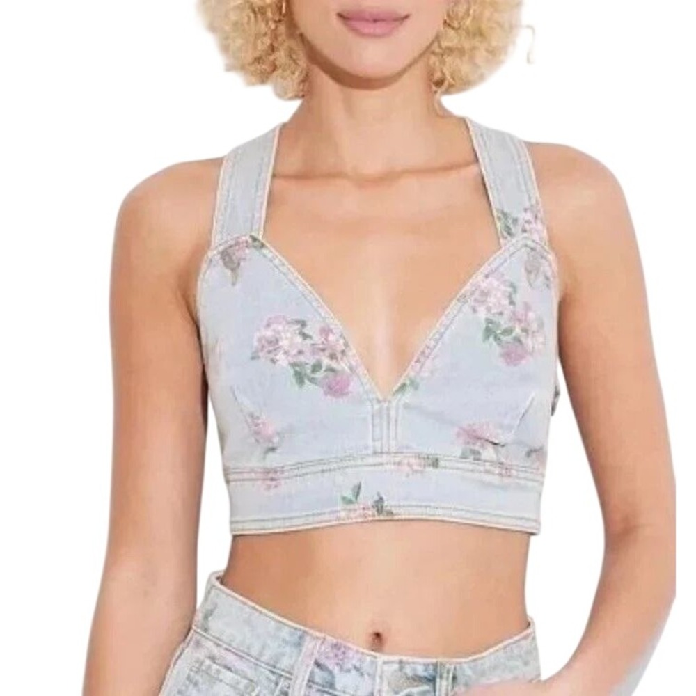 Wild Fable Women's Floral Light Wash Blue Pink Rose V Neck Denim Crop Top Size M